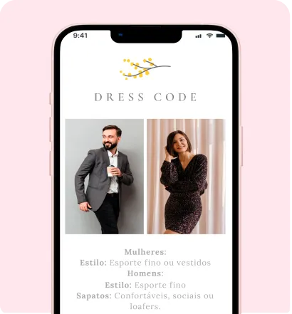Dicas de Traje e Dress Code no Site de Casamento Celular mostrando o site de casamento: seção 'Dress Code' com dicas de trajes.